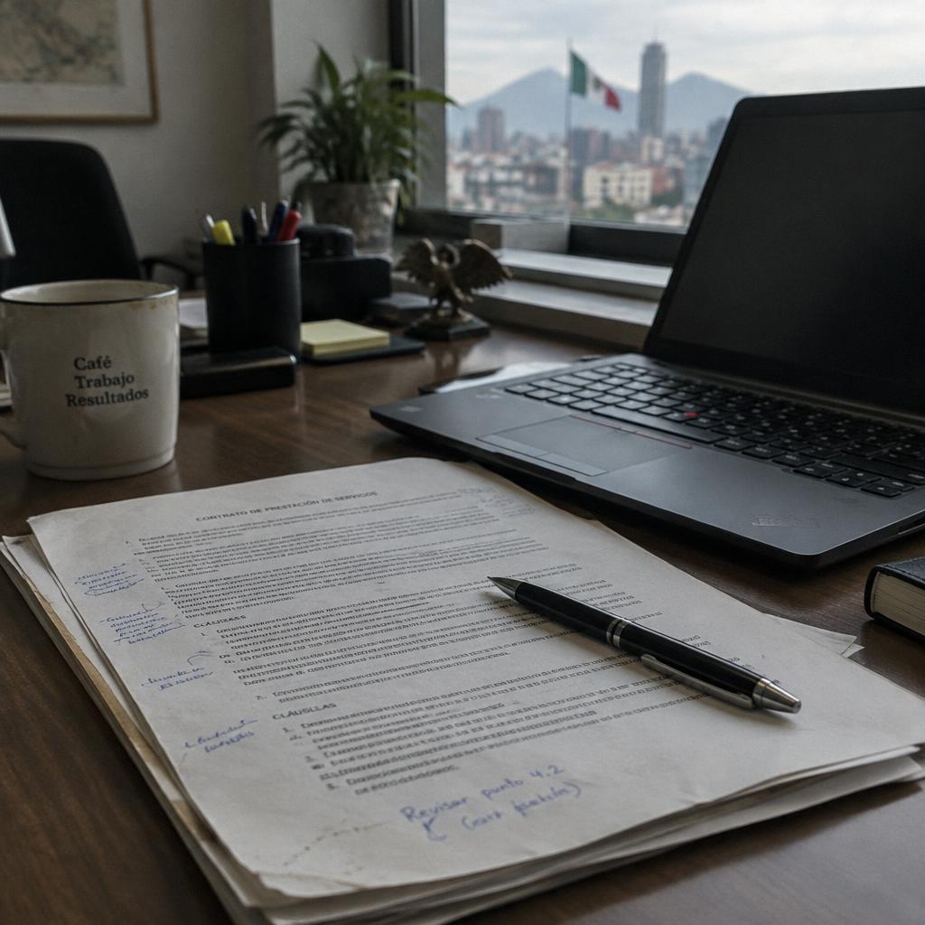 Fotografía de un escritorio de oficina con un contrato impreso con anotaciones a mano, una pluma y una laptop, con luz natural de ventana